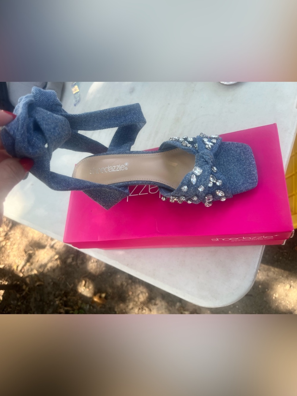 Shoe Dazzle Denim Crystal-Embellished Lace up Sandals - Blue